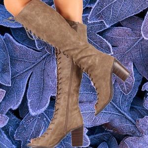 NEW IN BOX TAUPE FAUX LEATHER FRONT LACE UP BOOTS